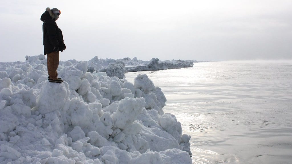 A person in a dark parka stands on a ridge of broken sea ice at the edge of open water under a pale Arctic sky.