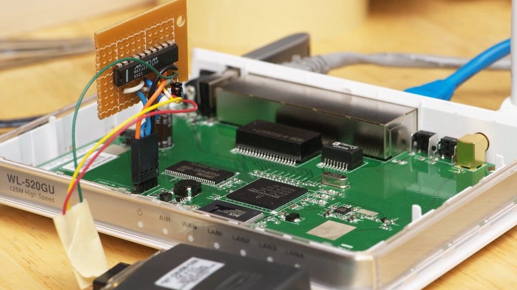 An ASUS wireless router with its white case opened, showing the green circuit board inside and thin colored wires running to a small add-on board.