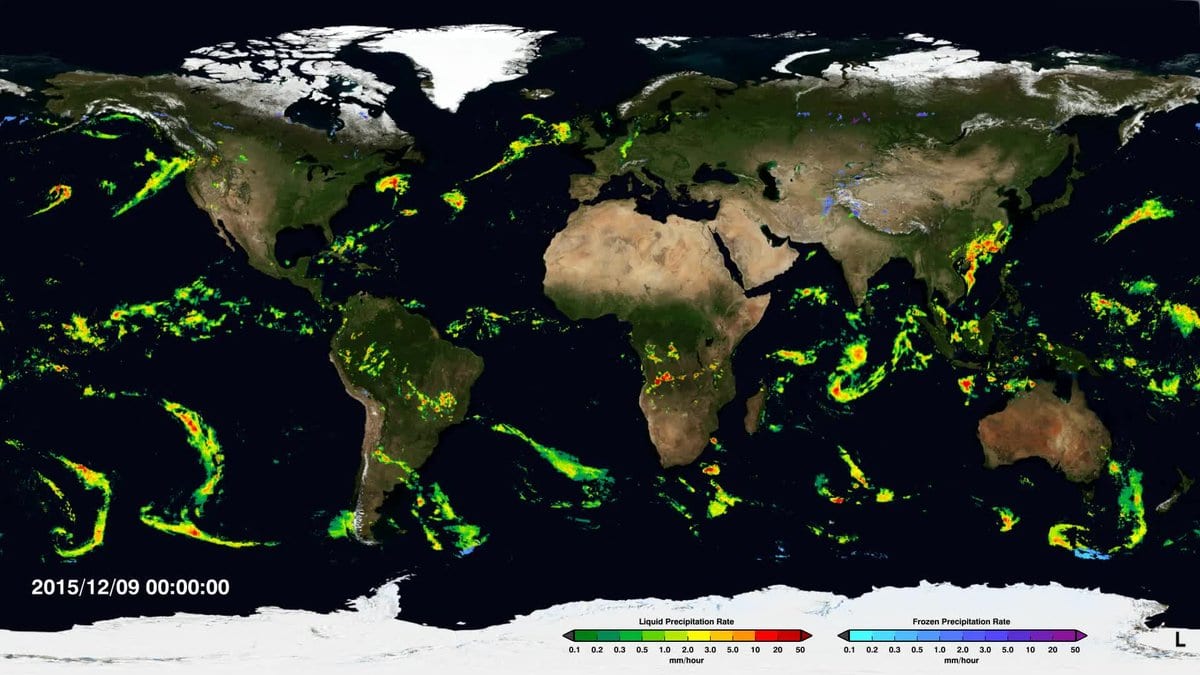 World map of satellite-measured rainfall rates, with bands of green to red rain across the tropics and the mid-latitude storm tracks and bare dark land over the subtropical deserts.