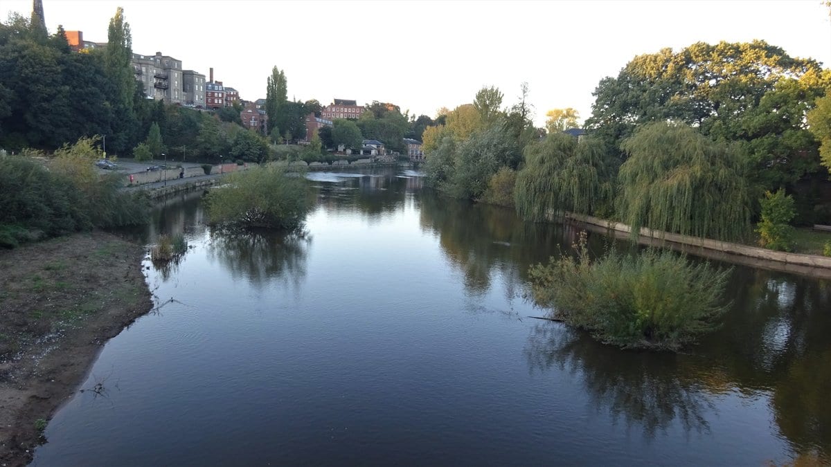 A wide calm river curving past trees, with a hillside of houses on the left bank of an English town.