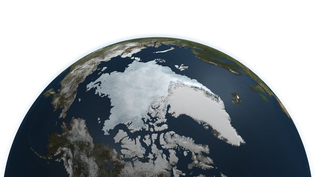 A visualization of the Arctic Ocean seen from above the pole, with white sea ice covering the central Arctic and open water around its edges.