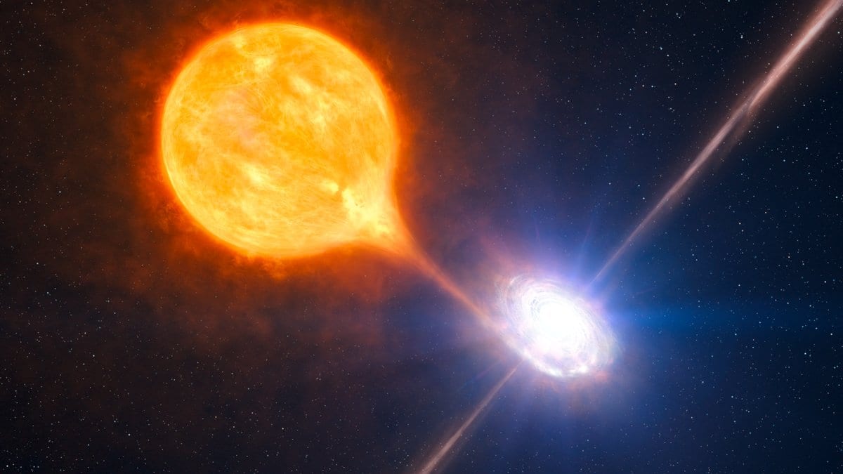 Artist's impression of a bright orange companion star with a stream of gas flowing onto a compact object ringed by a glowing disk, which launches two narrow jets in opposite directions.