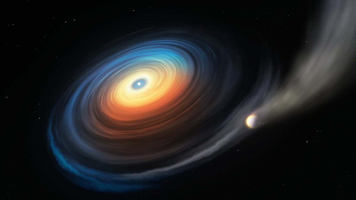 Artist's impression of a white dwarf at the center of a glowing disk of gas, with a giant planet at right shedding a stream of gas into the disk.