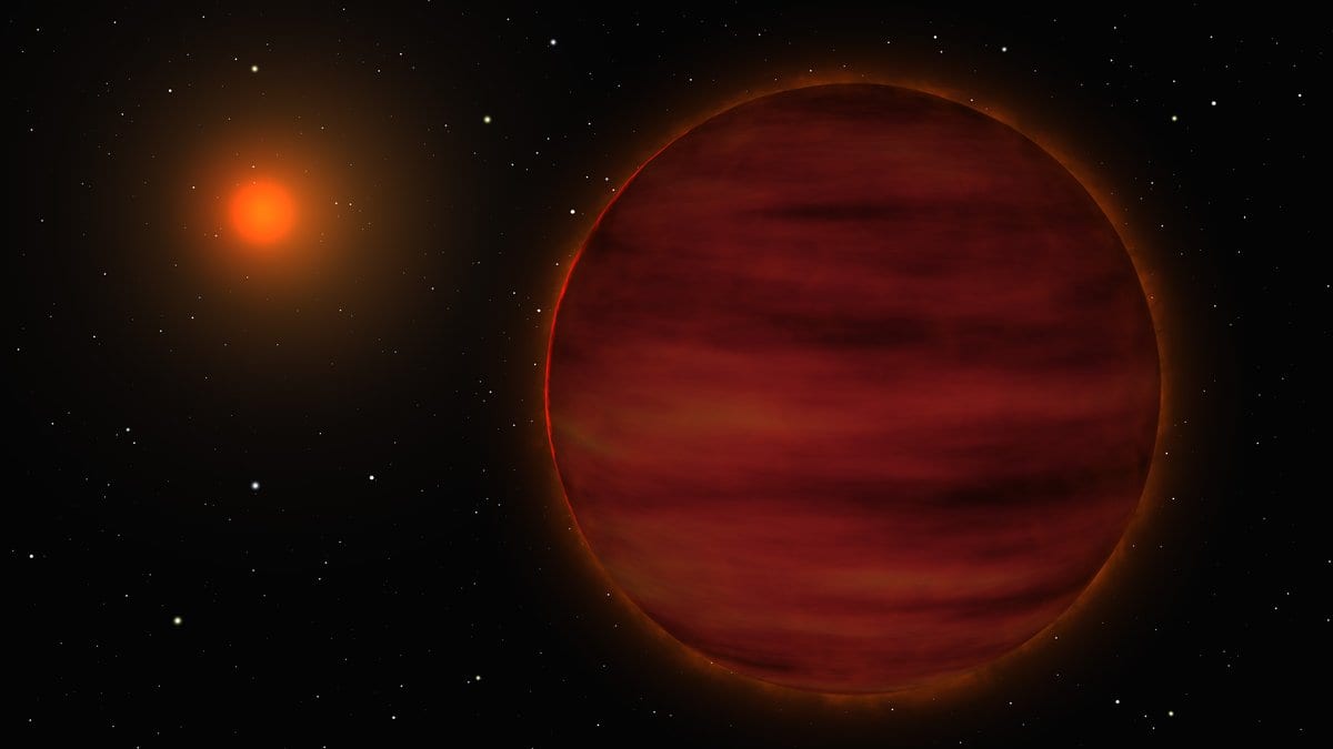 Artist's rendering of a brown dwarf, a dim banded object larger than Jupiter, with a small red star glowing far behind it.