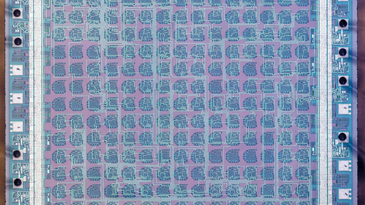 A microscope photograph of a chip die showing a dense grid of identical logic cells in blue and purple.