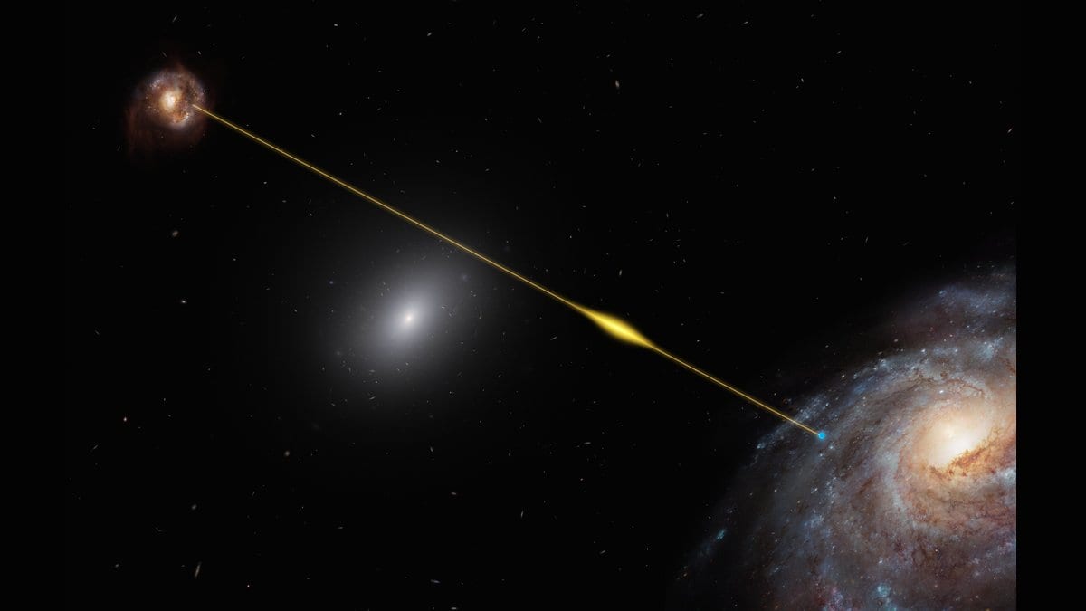 An illustration of a bright radio flash crossing space from a distant galaxy toward a large spiral galaxy.