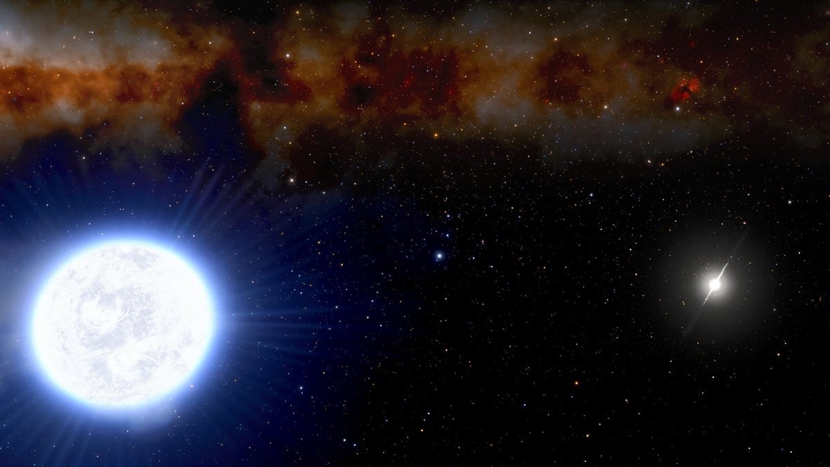 Artist's rendering of a large glowing blue-white star at lower left and a small brilliant stellar remnant at right, against the dusty band of the Milky Way.