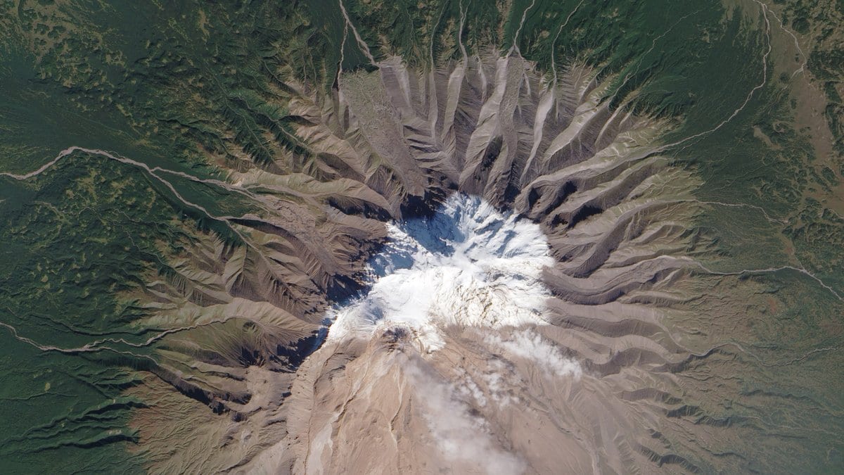 Satellite view looking straight down on Shiveluch in Kamchatka: a snow-streaked summit crater breached toward the south, with a broad gray fan of volcanic debris spreading down the slope and a faint plume drifting southeast.