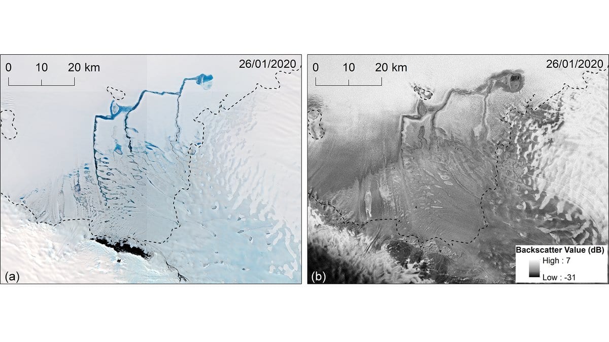 Two satellite views of the same stretch of Nivlisen Ice Shelf on Jan. 26, 2020. At left, a Sentinel-2 optical image in which meltwater channels appear as thin blue lines branching across white ice. At right, a Sentinel-1 radar image of the same area in gray tones.