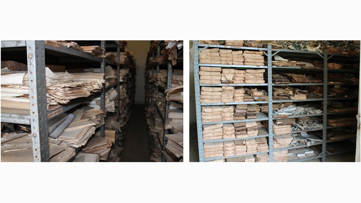 Two photographs of metal shelving stacked with bundles of yellowed paper weather records in an archive storeroom.