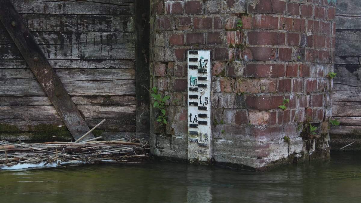A white gauge marked in tenths of a metre fixed to an old brick pier standing in calm green water, a weathered timber wall and a raft of floating reeds beside it