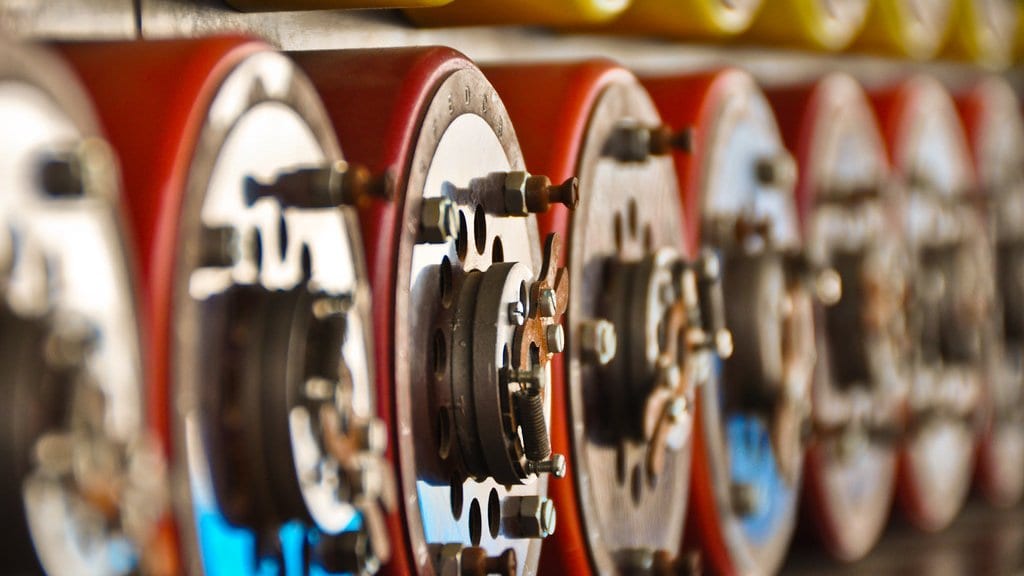 Close-up of the colored rotating drums on a cryptanalytic Bombe machine at Bletchley Park.