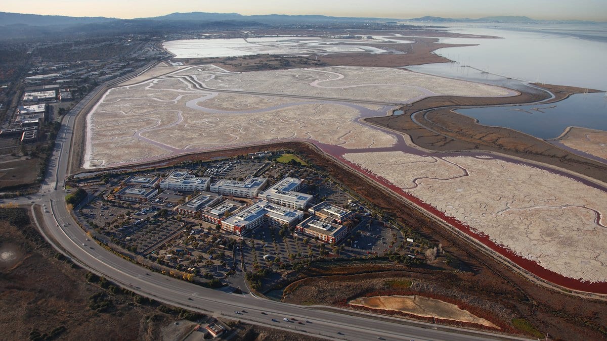 Aerial view of a low-rise office campus beside pale salt evaporation ponds at the edge of San Francisco Bay, with a highway curving along one side.