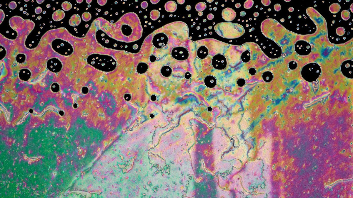 A microscope view of a liquid crystal film in crossed polarized light: a dark transition front with round droplets advances over a brightly colored texture.