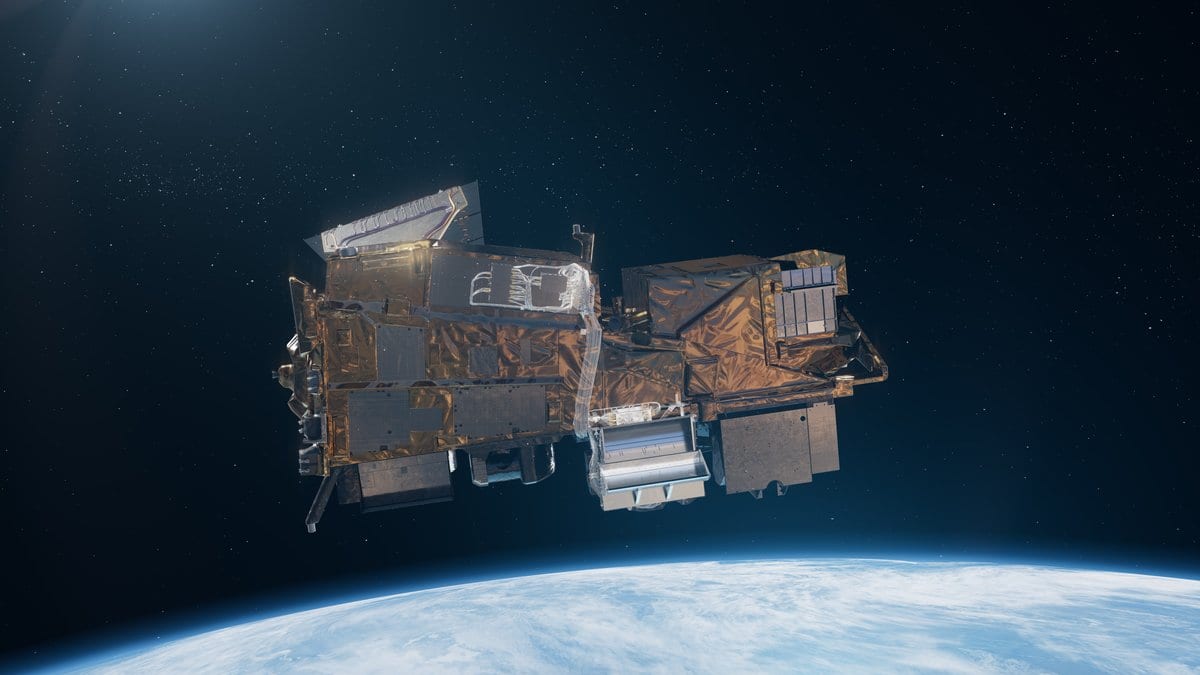 Render of a European weather satellite in orbit above Earth, carrying a spectrometer that measures gases in the atmosphere.