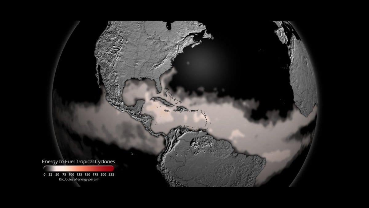 A globe view of the Americas with ocean areas shaded by the heat energy available to fuel tropical cyclones, in kilojoules per square centimeter.