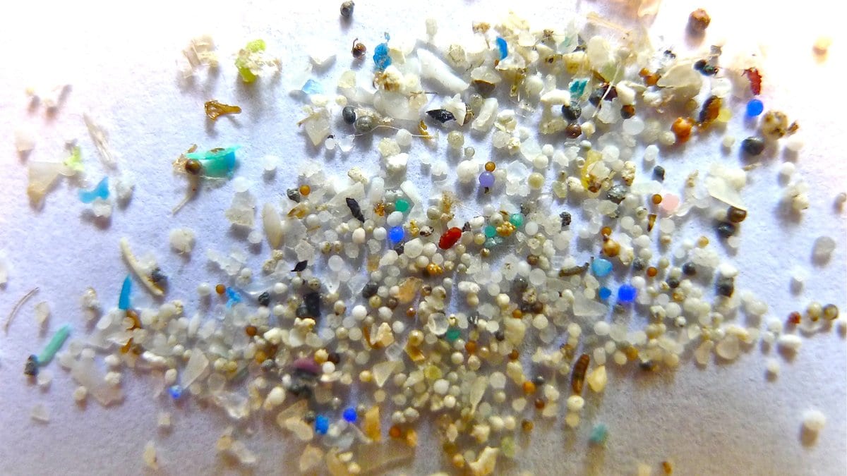 A dense scatter of tiny plastic fragments, beads and flakes in white, blue, green and orange on a pale background.
