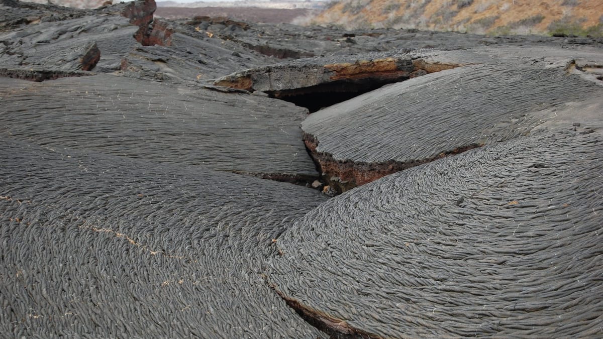 Grey lava with fine rope-like wrinkles in broad overlapping lobes, a crack opening between them, a dry scrubby slope beyond