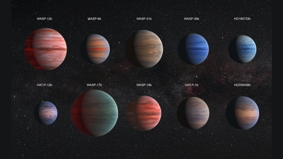 Ten gas giant planets drawn side by side against a starfield in two rows, each labeled with its name, WASP-17b second from left on the lower row.