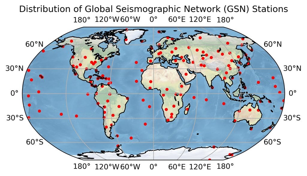 World map with red dots marking the locations of Global Seismographic Network stations on every continent and many islands.