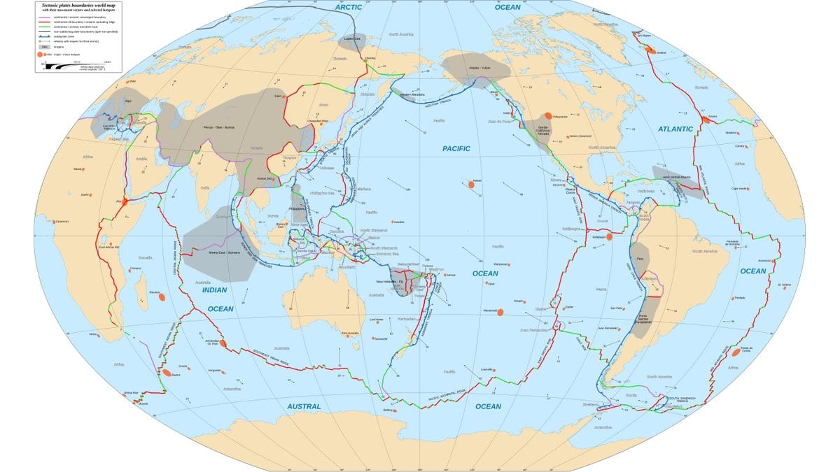 World map with tectonic plate boundaries drawn as colored lines across the oceans and continents, centered on the Pacific.