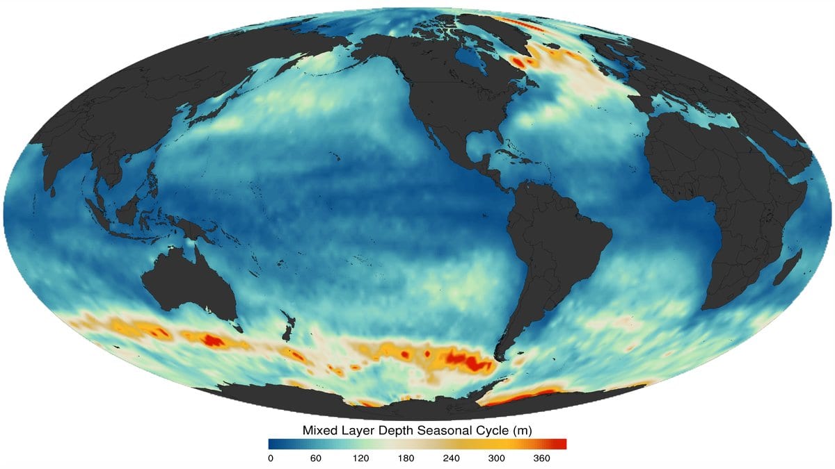 World map shading how far the ocean mixed layer thickness swings between summer and winter, in meters, with the largest values in the midlatitude North Atlantic, North Pacific and Southern Ocean.