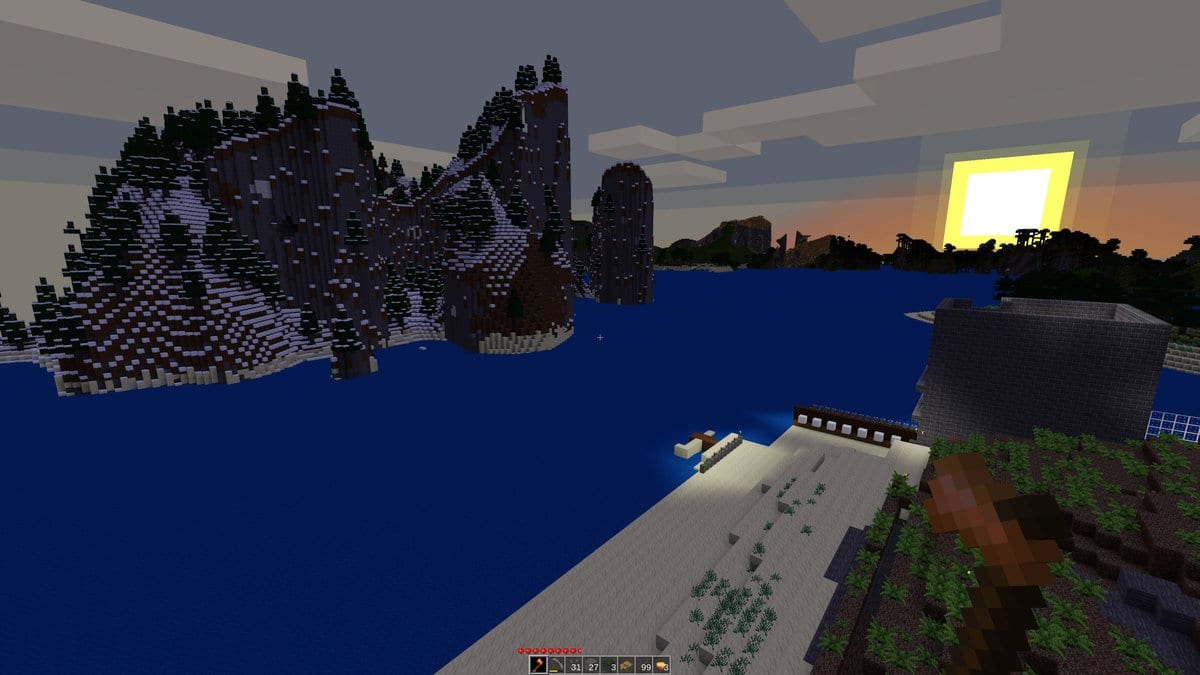 A blocky computer-generated island landscape at sunrise, with open water, forested cliffs and a small stone building on the shore.