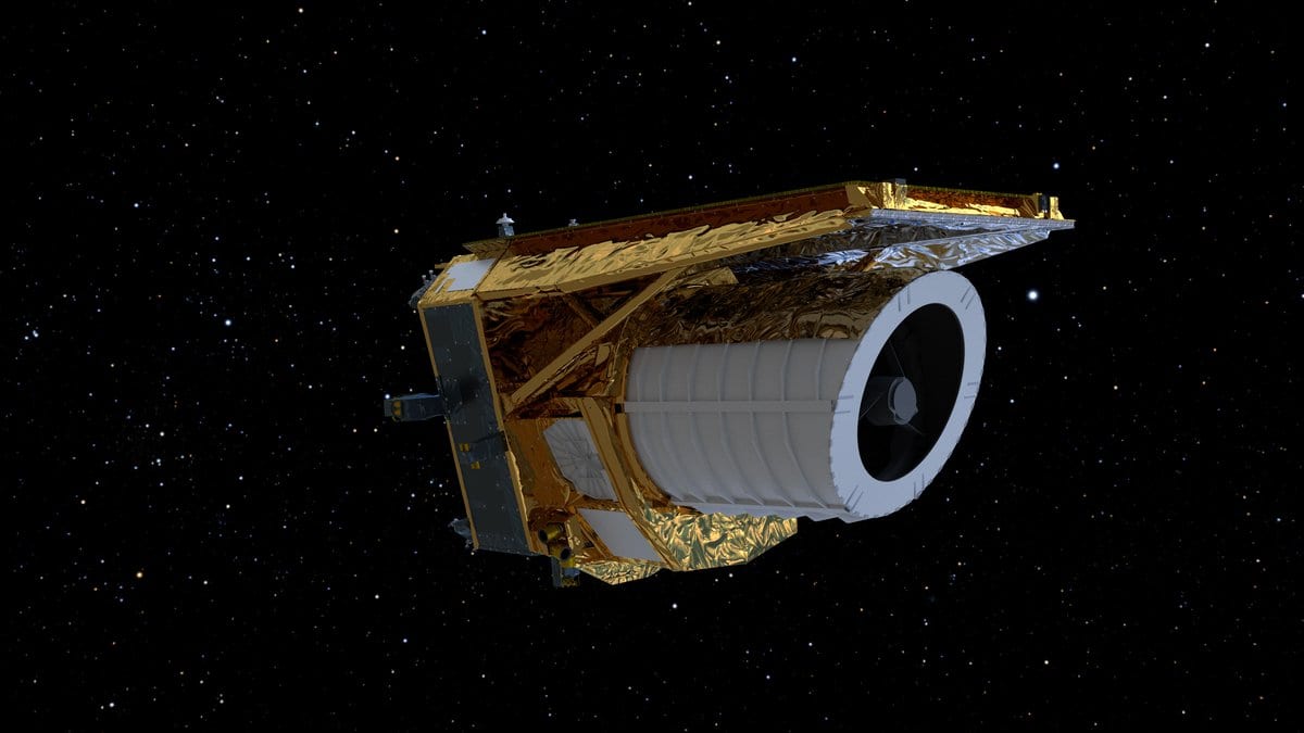 Artist's impression of ESA's Euclid space telescope against a star field, its gold foil body and open telescope aperture facing the camera.