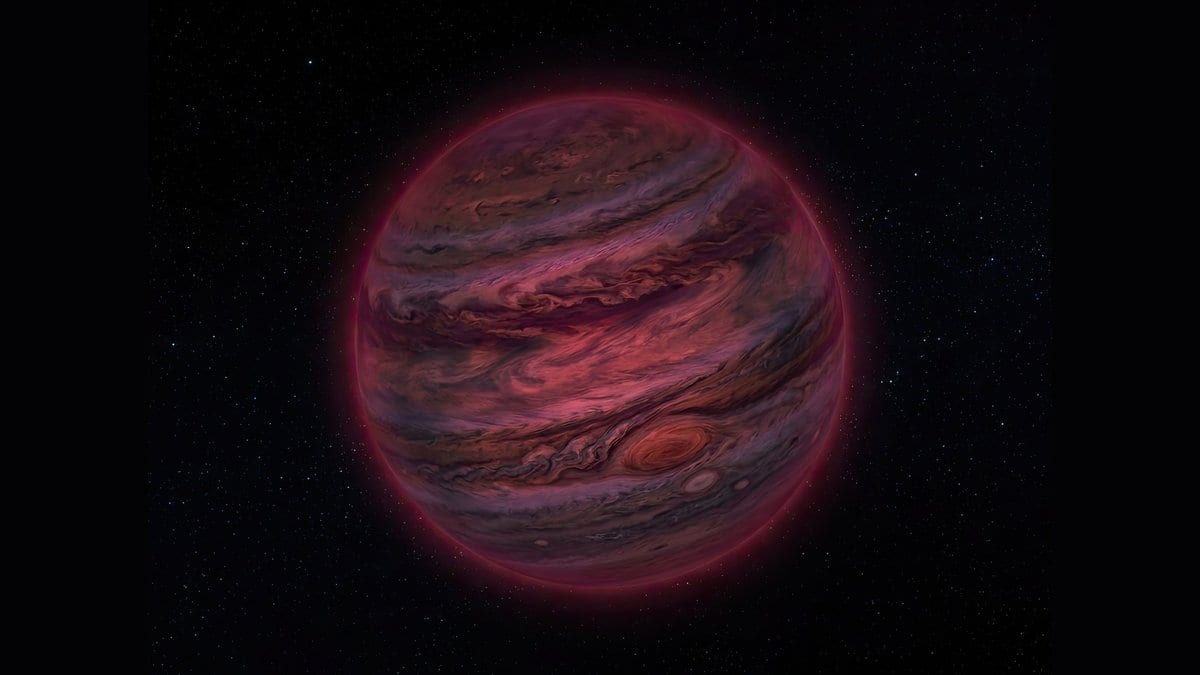 Illustration of a brown dwarf: a dark red sphere crossed by banded cloud belts, against a black starfield.