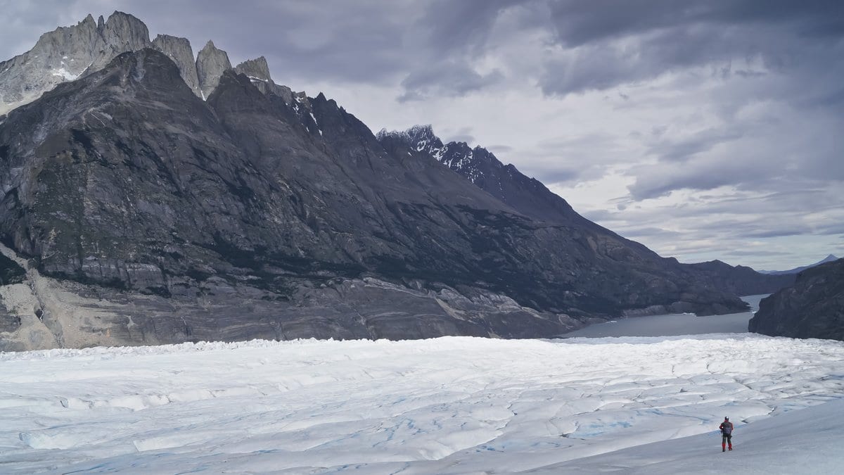 A person in a red jacket stands on the crevassed white surface of Grey Glacier, with dark granite peaks above and a meltwater lake beyond the ice front.