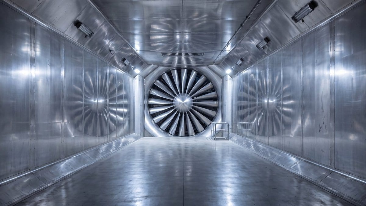 The inside of a wind tunnel test section, a polished metal duct with a large bladed fan at the far end.