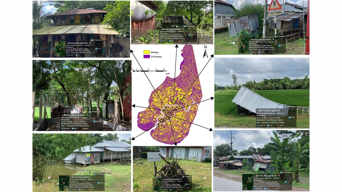Eight ground photographs of tin-roofed houses, torn roofing sheets and paddy land in coastal Bangladesh, arranged around a map of the study area, with arrows linking each photograph to its location.