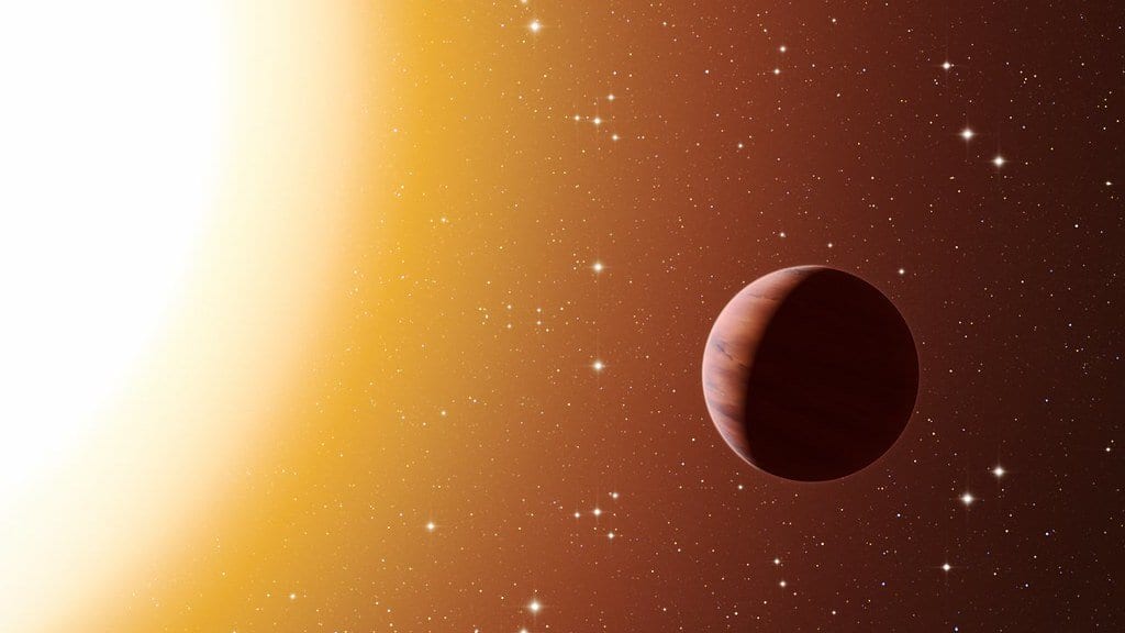Artist's impression of a gas giant planet in shadow beside the glare of its star, against a dense field of stars.