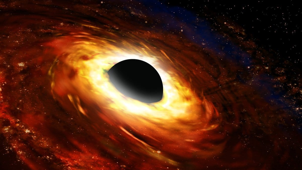 A painted view of glowing orange gas spiraling into a black sphere, with a dusty galaxy behind it.