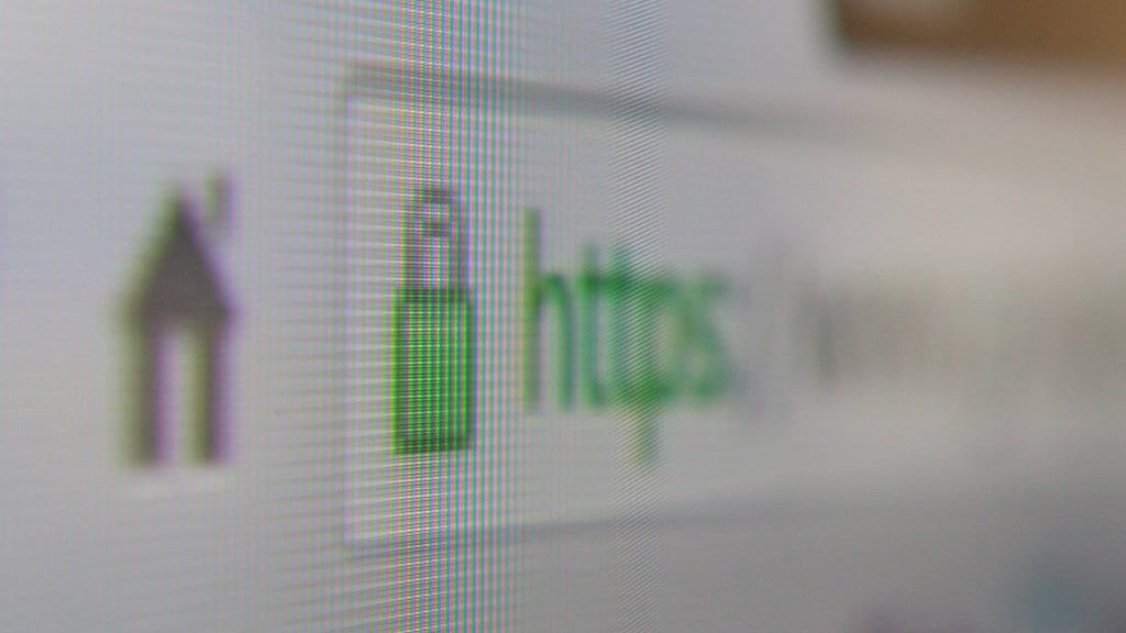A close-up photograph of a computer screen showing a green padlock icon and the letters https at the start of a web address.