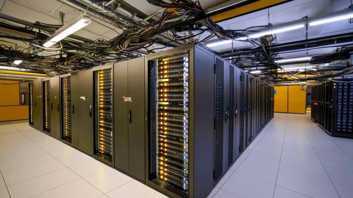 An aisle of server racks in a data center, with cable trays running overhead and a raised floor below.