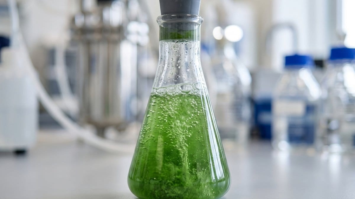 A conical laboratory flask filled with bright green bubbling algae culture stands on a bench, with blurred glassware and equipment behind it.