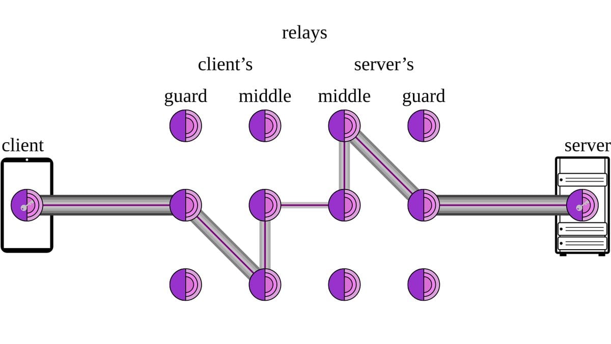Line diagram showing a client connecting through a chain of guard and middle Tor relays to a server.