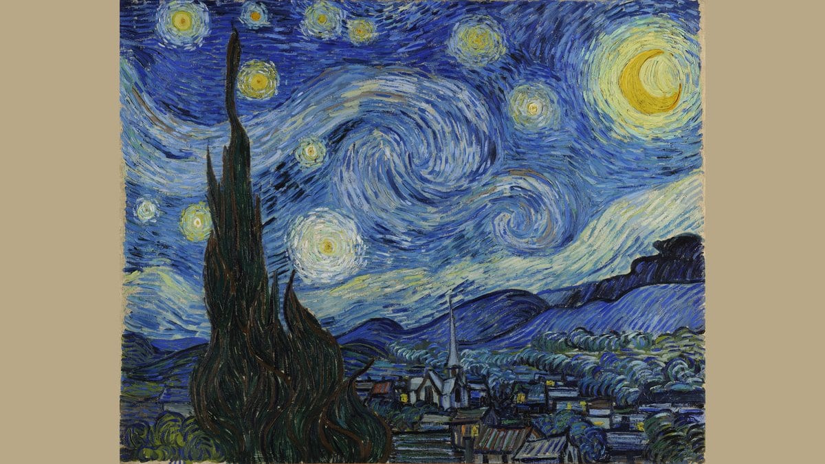 Vincent van Gogh's oil painting The Starry Night: a swirling blue night sky with a thin crescent Moon at upper right, a dark cypress at left and a village below.