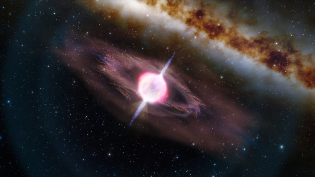 Concept art of a short gamma-ray burst: a brilliant pink-white point of light with narrow jets above and below it and a disk of debris around it, set against a galaxy.