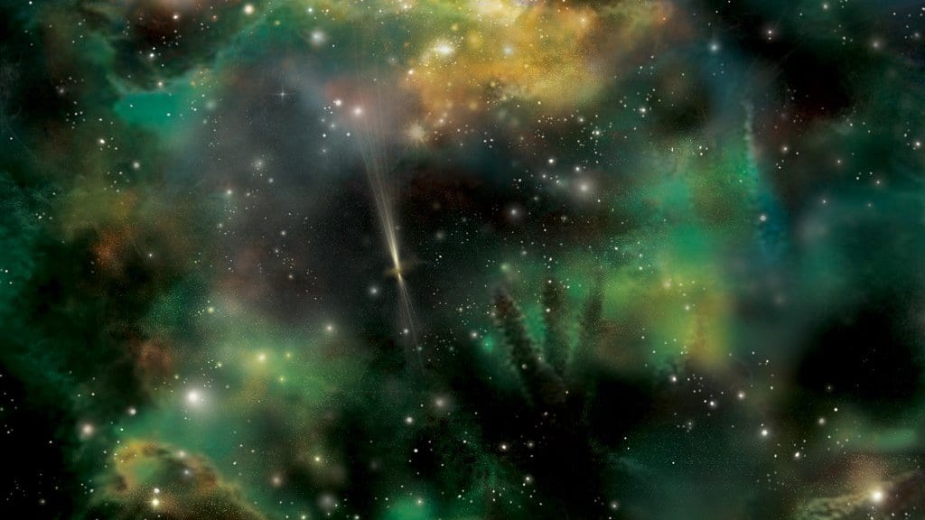 An artist's rendering of a gamma-ray burst: a narrow jet of light pierces a dusty, green and gold star-forming region strewn with stars.