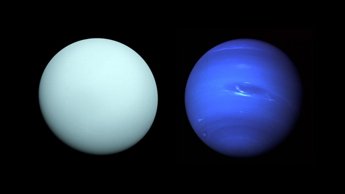 Uranus and Neptune side by side against black: Uranus a nearly featureless pale blue-green disk, Neptune a deeper blue disk with bright white cloud streaks.