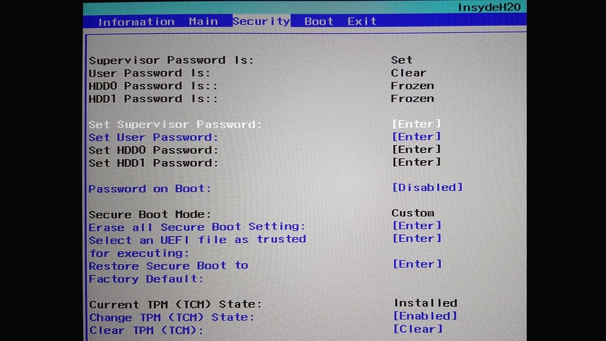 A laptop firmware setup screen open on its security page, listing Secure Boot mode and the options that change it.