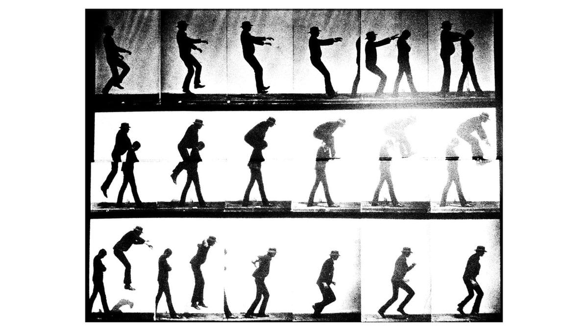 Three rows of sequential photographic frames showing men in hats walking, stooping and vaulting over one another.