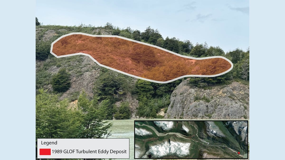 A forested hillside above a Patagonian river, with an elongated patch of bare rust colored sediment outlined in red near the top of the slope, and an inset satellite view of the valley.