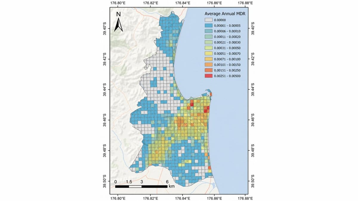 Grid map of Napier colored by average annual mean damage ratio, with a legend, a scale bar and a north arrow; most cells are blue and green, with a cluster of orange and red cells toward the center of the city.