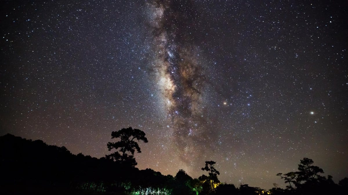 A long exposure photograph of the night sky, with the bright band of the Milky Way standing above silhouetted trees on a ridge.