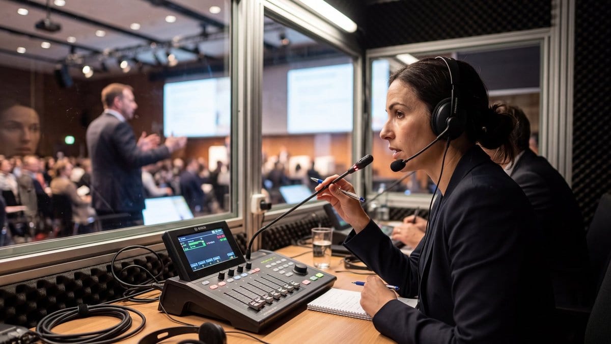 An interpreter in a soundproof booth wears a headset and speaks into a microphone while a speaker addresses a conference room beyond the glass.