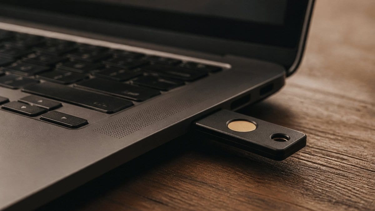 A small black hardware security key with a gold touch contact, plugged into the USB port of a laptop on a wooden desk.