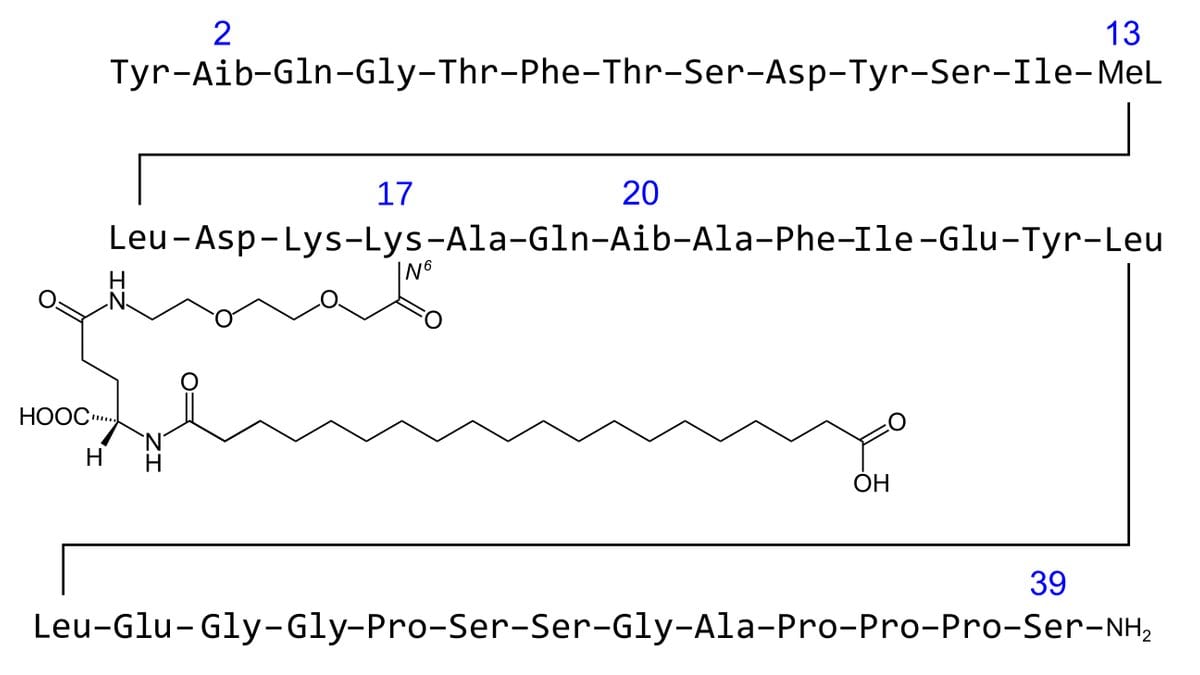 Chemical structure diagram of retatrutide, its amino acid sequence set out in three rows with a fatty acid chain branching from a lysine in the middle.